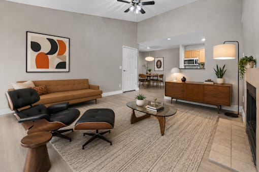 Midcentury modern living room with iconic lounge chair at Village Club of Farmington Hills Apartments, Farmington Hills, 48331