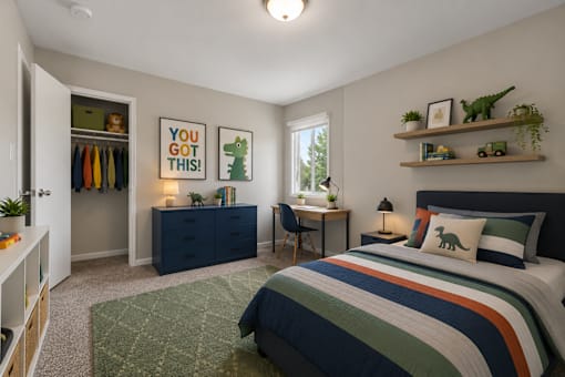 A bedroom with a bed, desk, and a dresser with a sign on it.