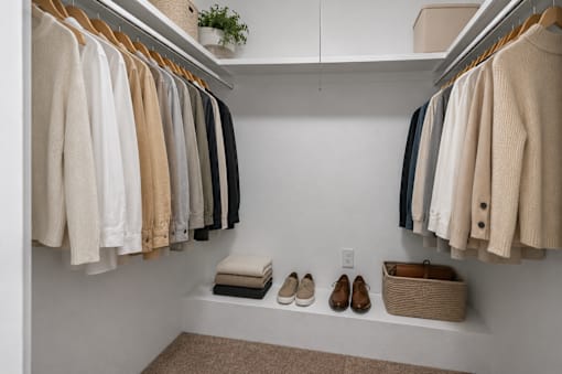 Closet with a row of shoes on the floor.