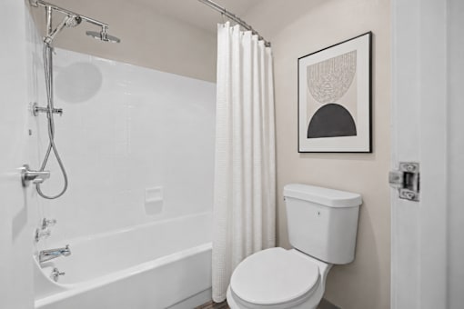 A white bathroom with a toilet, bathtub, and a picture on the wall.