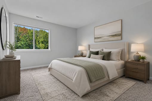 A bedroom with a large bed, a wooden nightstand, and a painting on the wall.