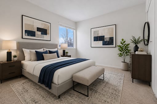 A bedroom with a large bed and a bench.