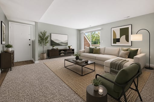 A living room with a couch, chair, and coffee table.