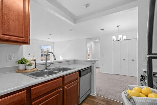 A kitchen with a sink, a dishwasher, and a refrigerator.