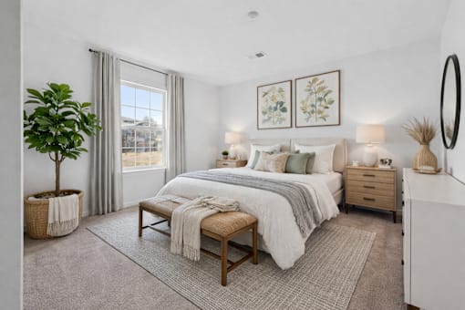 A well-lit bedroom with a large bed and a potted plant.