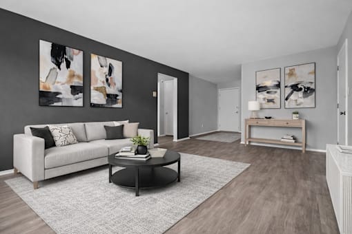 A living room with a white couch, a black coffee table, and a grey rug.