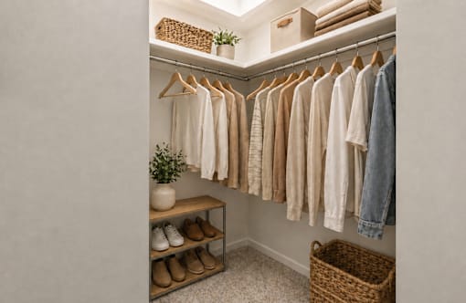 A white closet with clothes and shoes.