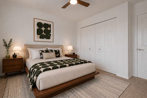 A bedroom with a large bed, two lamps, and a ceiling fan.