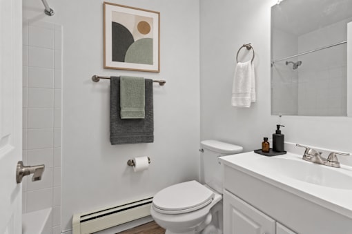 A bathroom with a toilet, sink, and a picture on the wall.