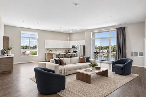 A modern living room with a large window and a view of the city.