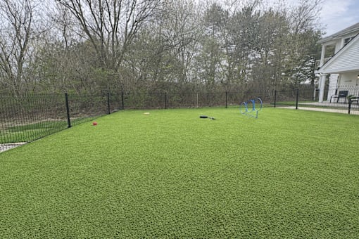 A backyard with a green lawn and a swing set.