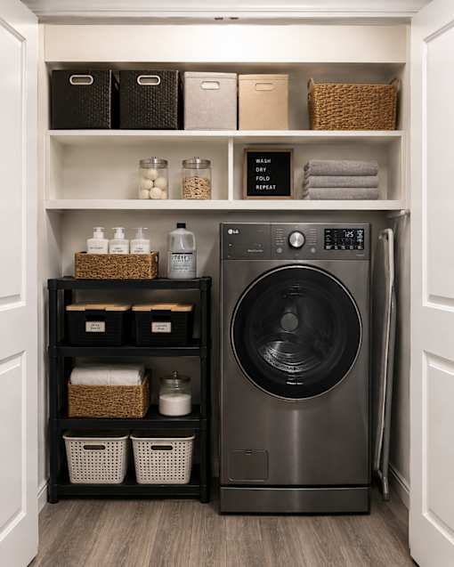 A black washing machine is in a cabinet with baskets and containers.