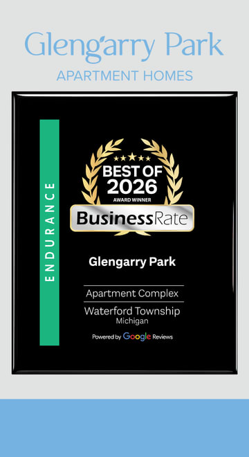 A poster advertising Glengarry Park Apartment Homes, which has won the BusinessRate Best of 2026 award.