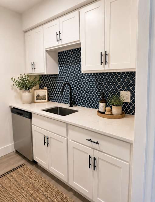 A kitchen with white cabinets and a black and white tiled backsplash.