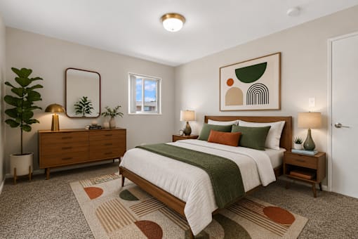 A bedroom with a bed, nightstands, and a rug.