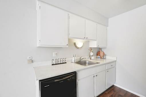 A small kitchen with a black dishwasher and a white counter.