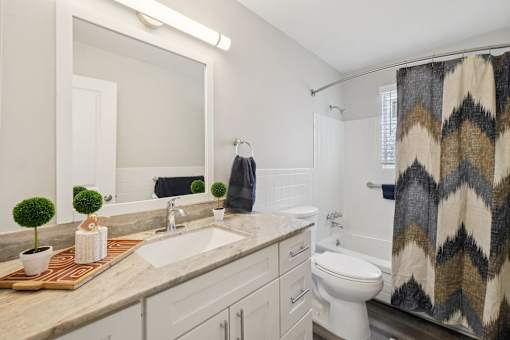 A bathroom with a sink, toilet, and a shower curtain.