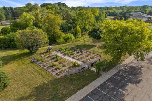 an aerial view of a garden with plants in it