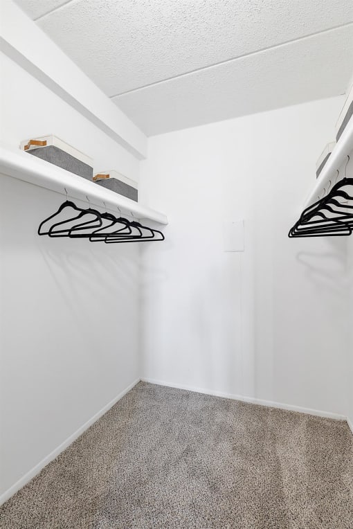 a white closet with shelves and hooks on the wall at Troy Place Apartments - Troy, MI, Troy, Michigan