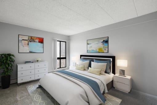 a bedroom with a bed and a dresser at Troy Place Apartments - Troy, MI, Troy, Michigan