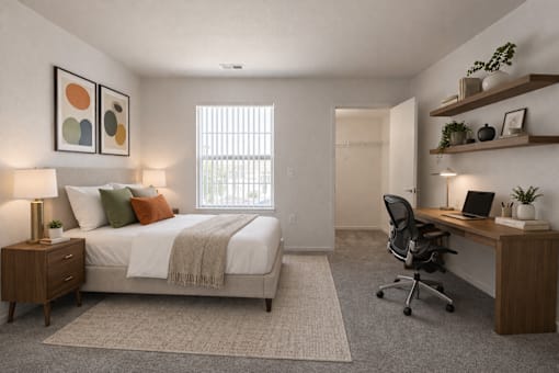A bedroom with a bed, desk, and chair.
