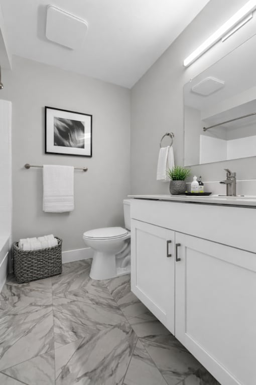 A bathroom with a toilet, sink, and a mirror. at Rochester Club Apartments, Michigan, 48306