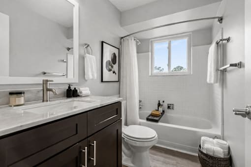 A bathroom with a white toilet and a white bathtub.