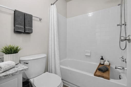 A white bathroom with a toilet, a bathtub, and a shower.