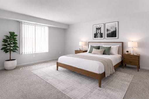 A bedroom with a large bed, a potted plant, and two framed pictures on the wall.