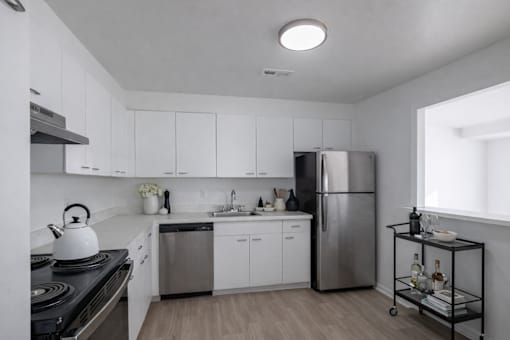 A modern kitchen with white cabinets and stainless steel appliances.