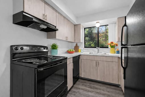 A black stove and refrigerator in a kitchen with wooden cabinets.