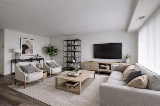 A modern living room with a grey sofa, a wooden coffee table, and a black TV.