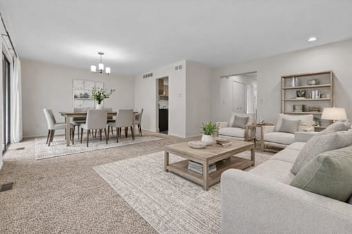 A living room with a grey couch and a coffee table.