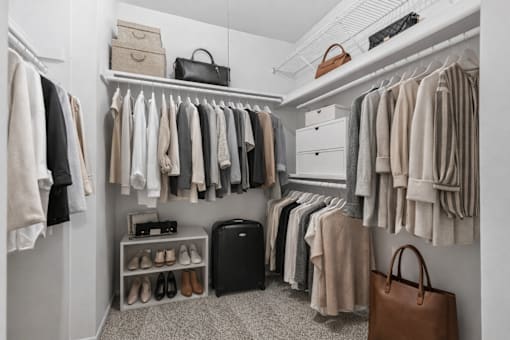 A well-organized closet with clothes and shoes neatly arranged.