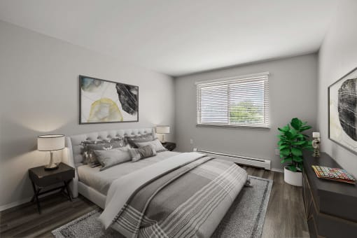 a bedroom with a bed and a window