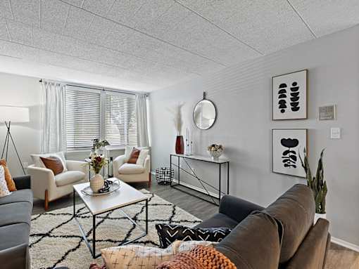 A living room with a brown couch, a white coffee table, and a rug with a geometric pattern.