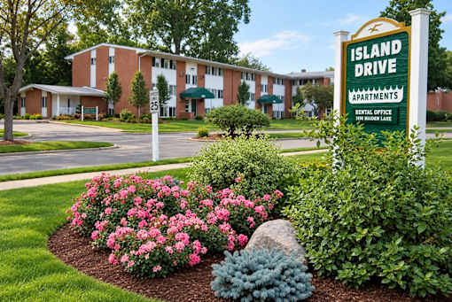 A sign for Island Drive Apartments stands in front of a building.