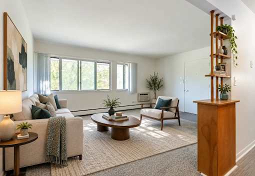 A living room with a couch, chair, and a table with a lamp on it.