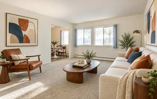A living room with a brown leather chair and a white sofa.