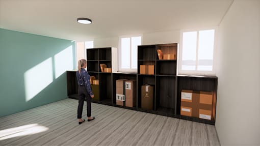 A woman is standing in a room with a shelving unit. at The Park on 13 Apartments - Royal Oak, MI Apartments, Apartments, Royal Oak, MI