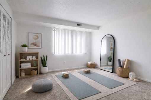 A yoga room with a mirror, a potted plant, and a yoga mat.