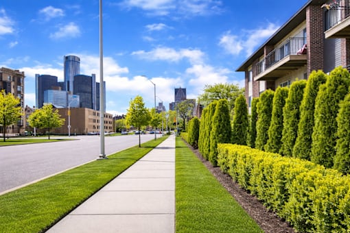 A sidewalk runs down the middle of a grassy area.