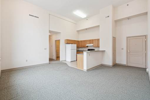 A spacious living area with a kitchen in the background.