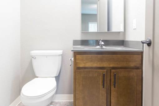 A white toilet sits next to a bathroom sink.