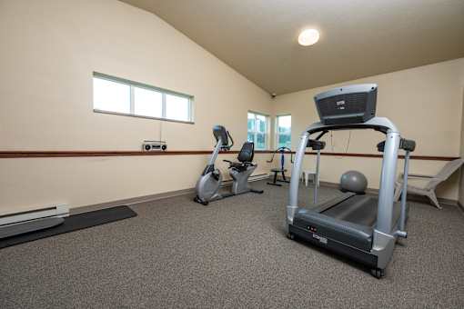 A home gym with a treadmill, exercise bike, and other equipment.