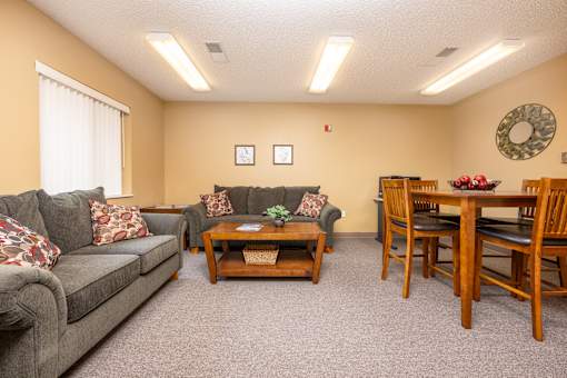 A living room with a grey couch, a wooden coffee table, and a dining table with chairs.