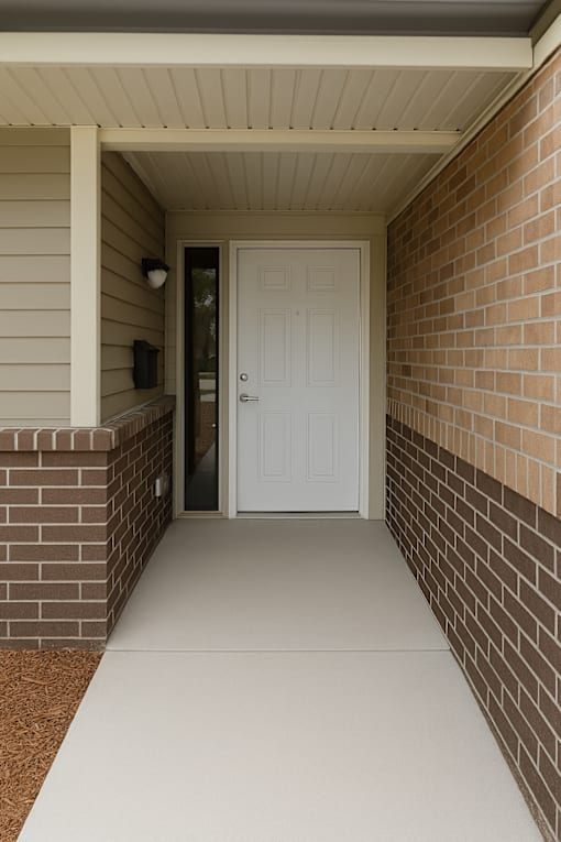 A white door is at the end of a hallway.