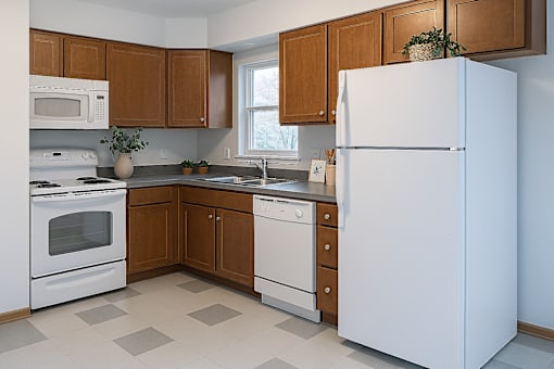 A kitchen with white appliances and brown cabinets.