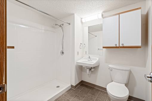 A white toilet sits under a mirror in a bathroom.