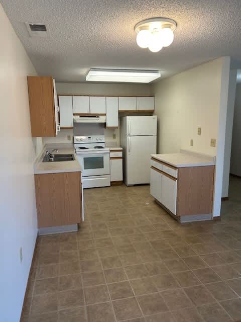 A kitchen with white appliances and wooden cabinets.